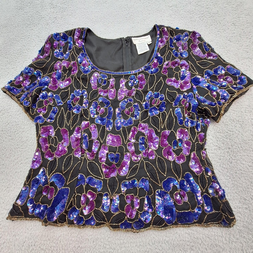 Papell Boutique Evening Top Womens 1X Purple Blue Silk Sequin Beaded‎ Floral Y2K